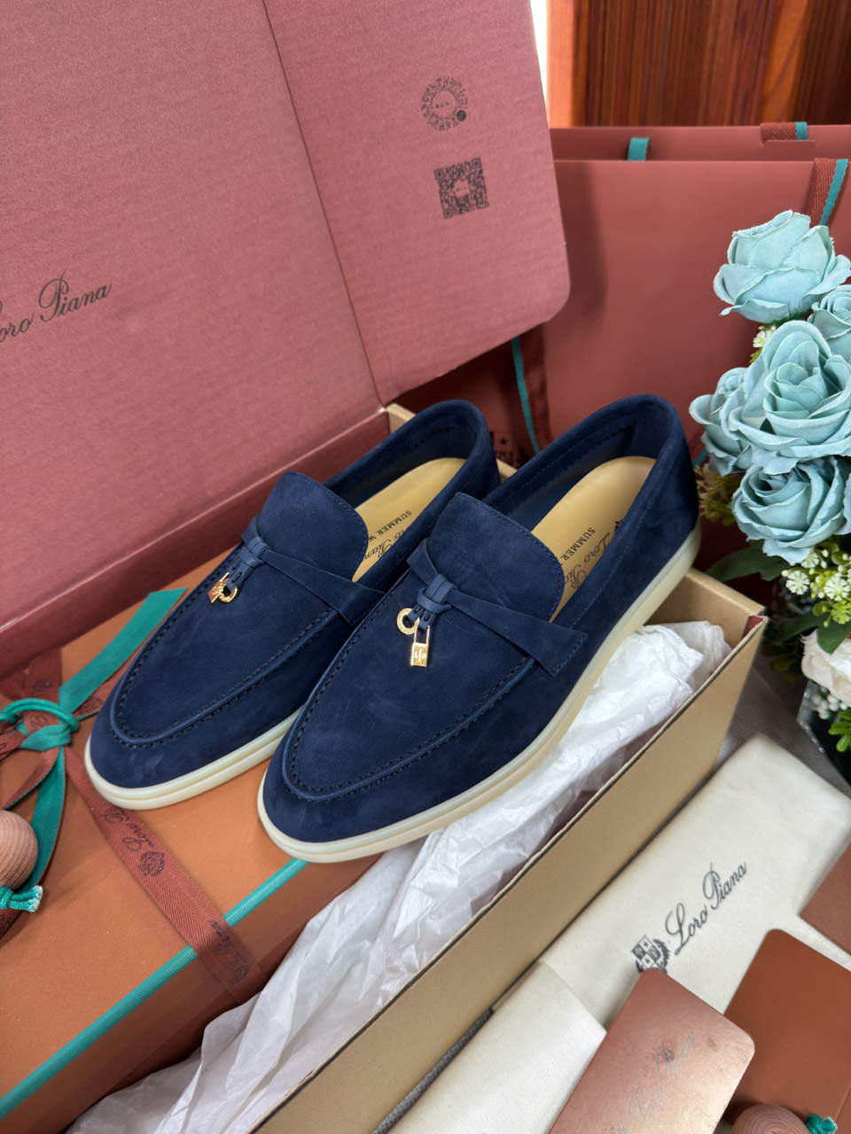 Giày Loro Piana Summer Charms Walk Loafer Suede Argo Blue Best Quality
