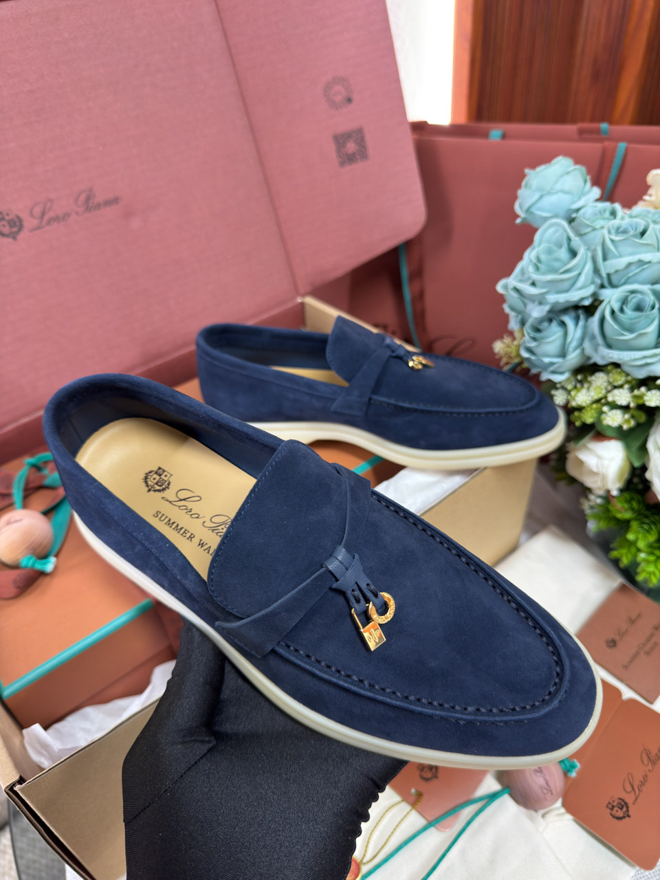 Giày Loro Piana Summer Charms Walk Loafer Suede Argo Blue Best Quality