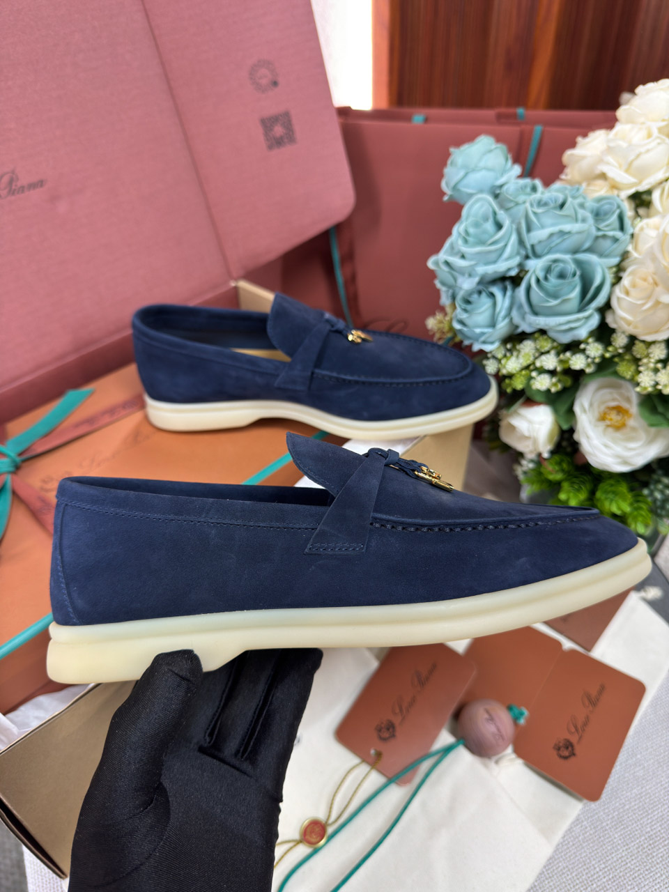 Giày Loro Piana Summer Charms Walk Loafer Suede Argo Blue Best Quality