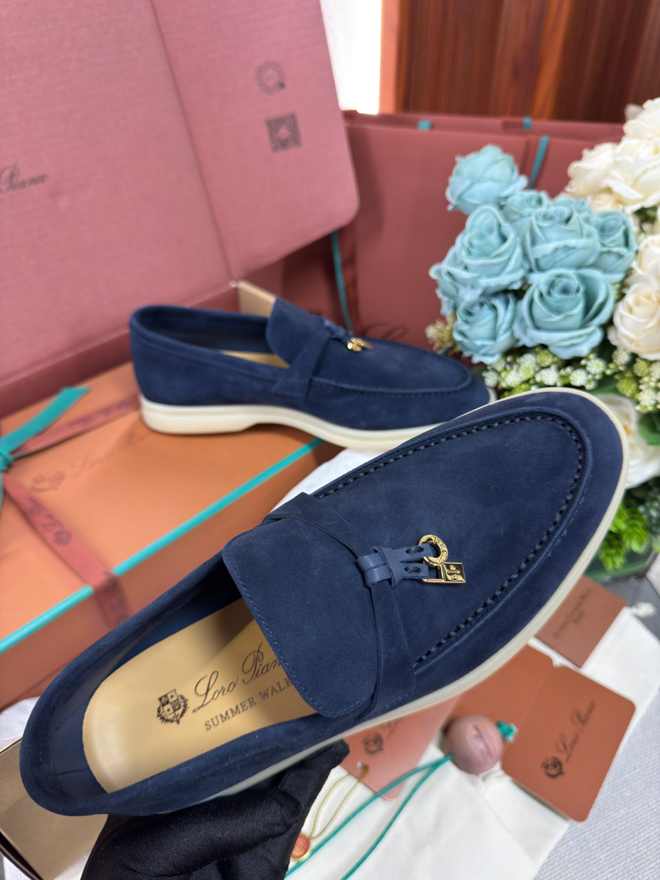 Giày Loro Piana Summer Charms Walk Loafer Suede Argo Blue Best Quality