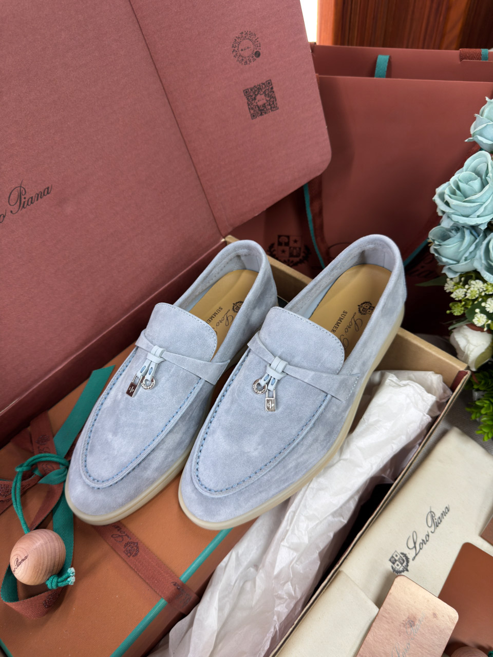 Giày Loro Piana Summer Charms Walk Loafer Suede Blue Best Quality