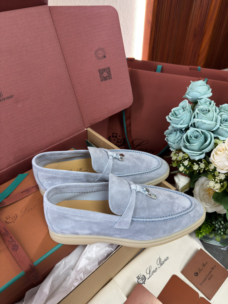 Giày Loro Piana Summer Charms Walk Loafer Suede Blue Best Quality