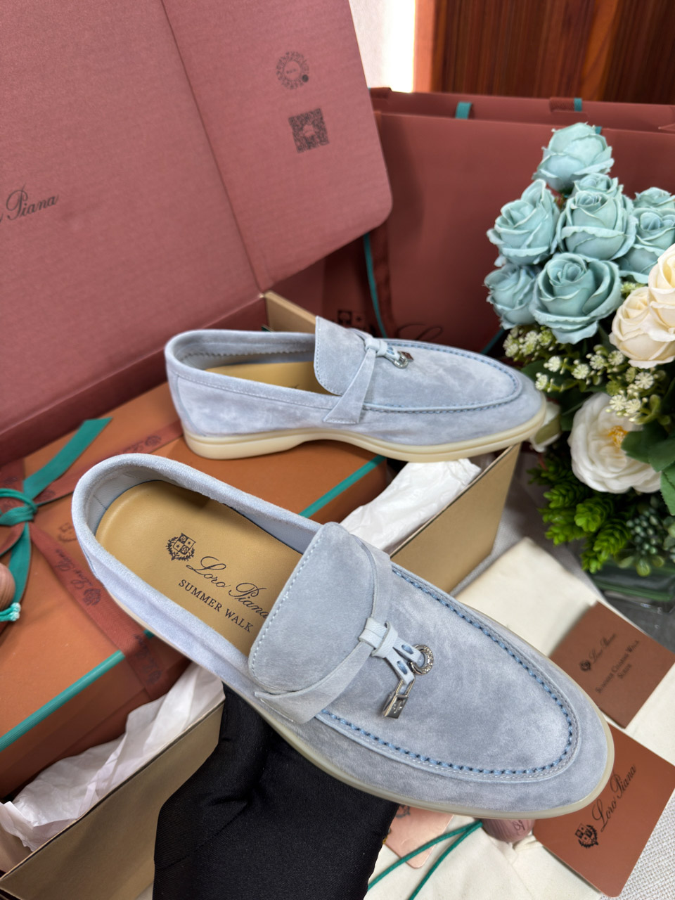 Giày Loro Piana Summer Charms Walk Loafer Suede Blue Best Quality