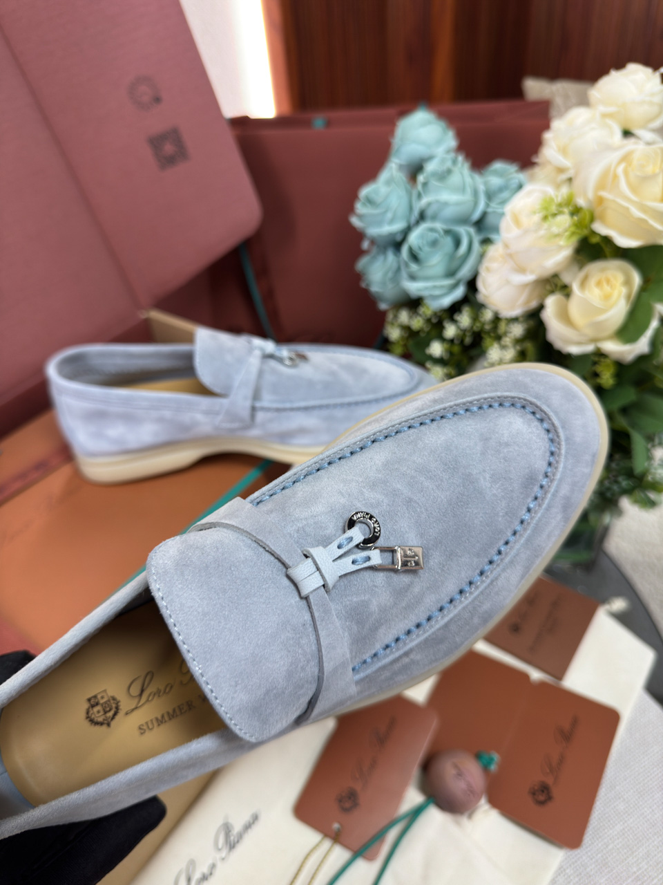 Giày Loro Piana Summer Charms Walk Loafer Suede Blue Best Quality