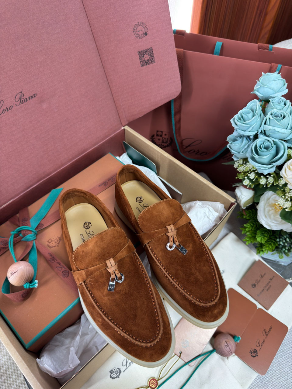 Giày Loro Piana Summer Charms Walk Loafer Suede Saddle Brown Best Quality