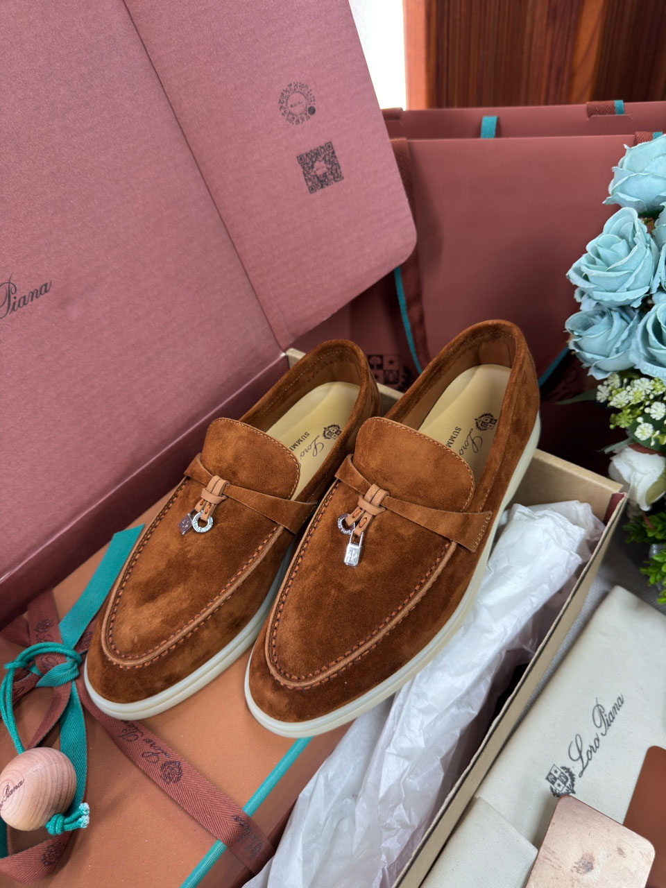 Giày Loro Piana Summer Charms Walk Loafer Suede Saddle Brown Best Quality