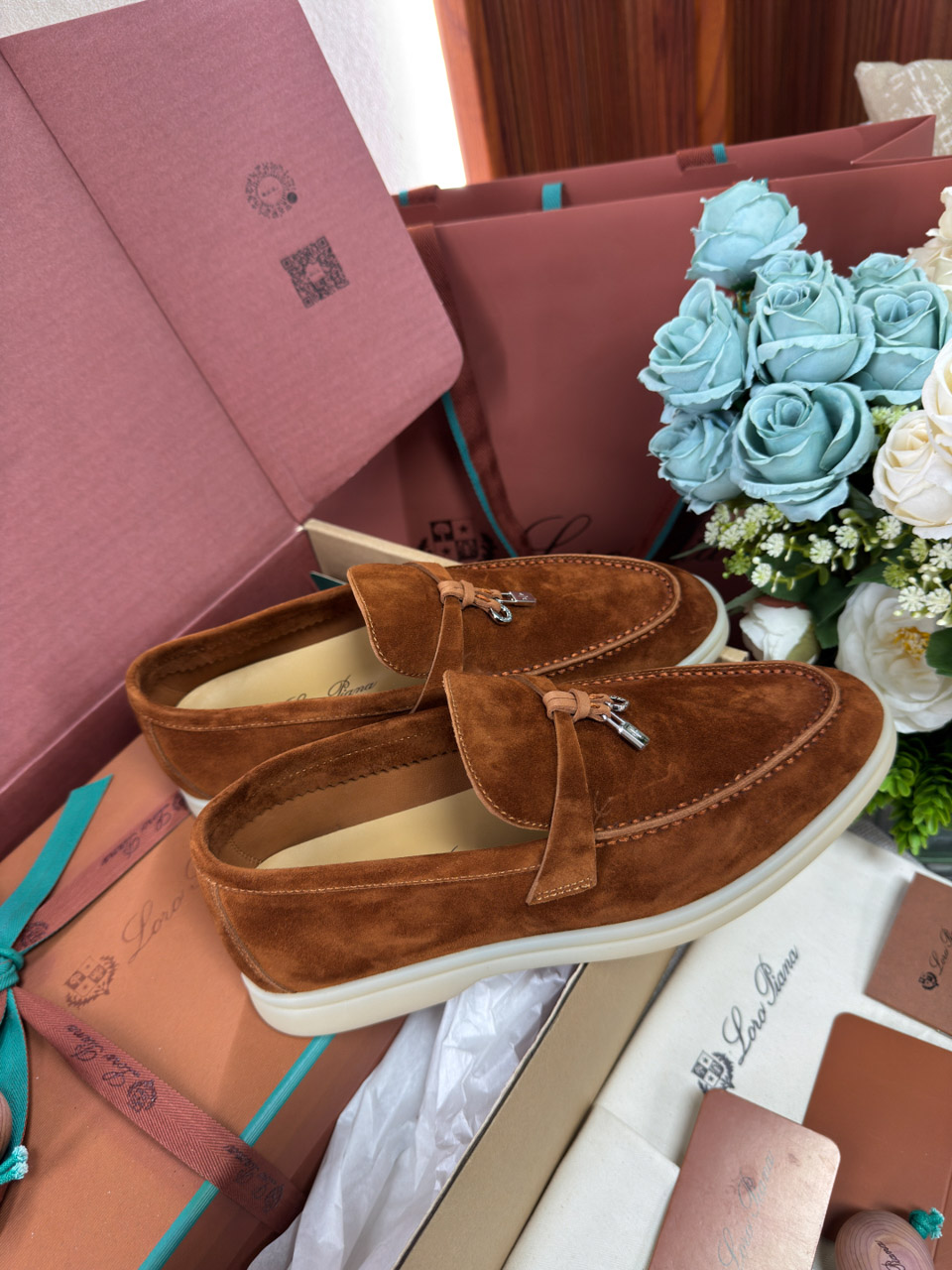 Giày Loro Piana Summer Charms Walk Loafer Suede Saddle Brown Best Quality