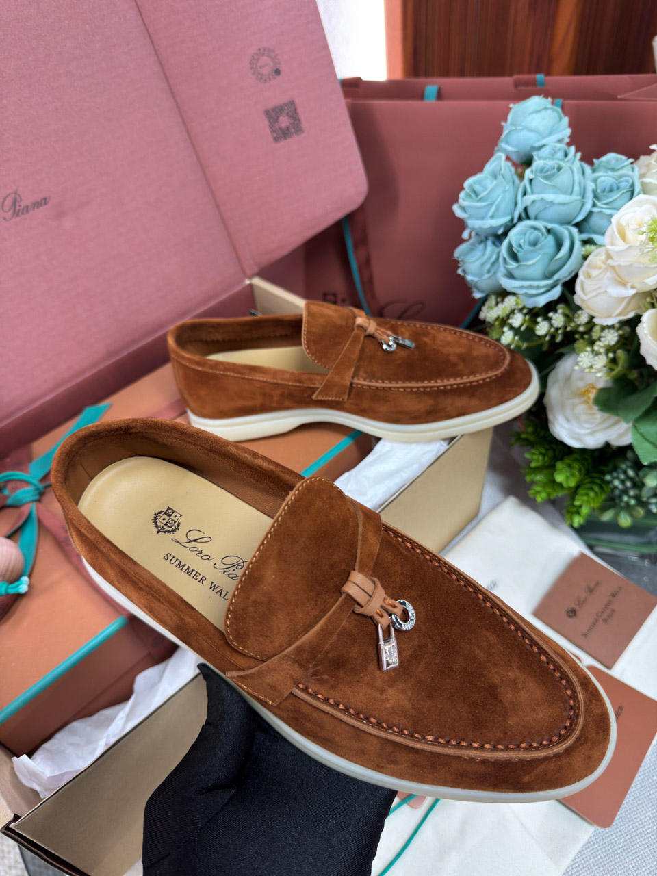 Giày Loro Piana Summer Charms Walk Loafer Suede Saddle Brown Best Quality