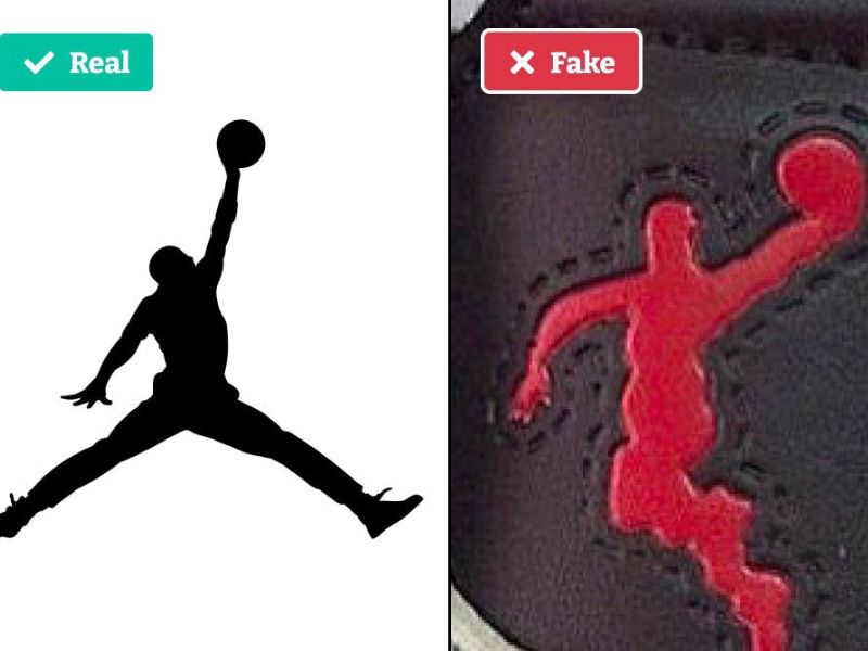 Logo Jumpman/Wings sắc nét, tỉ lệ chuẩn, chữ TM rõ ràng.