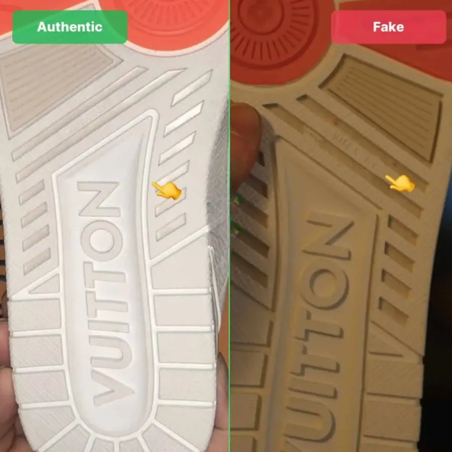 Đế giày sắc nét, chữ in chuẩn – điểm check nhanh cho LV Trainer thật.