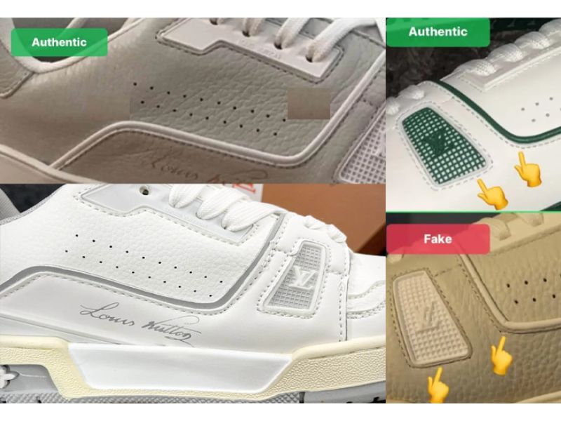 Lưỡi gà và lỗ đục trên giày Louis Vuitton thật gọn, đều, chi tiết dễ nhận biết fake.
