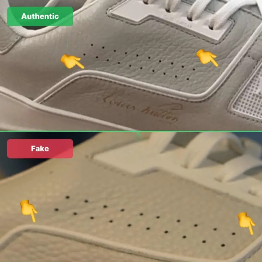 Lỗ đục đều, nhỏ và chuẩn vị trí trên LV Trainer thật, khác hẳn hàng nhái.