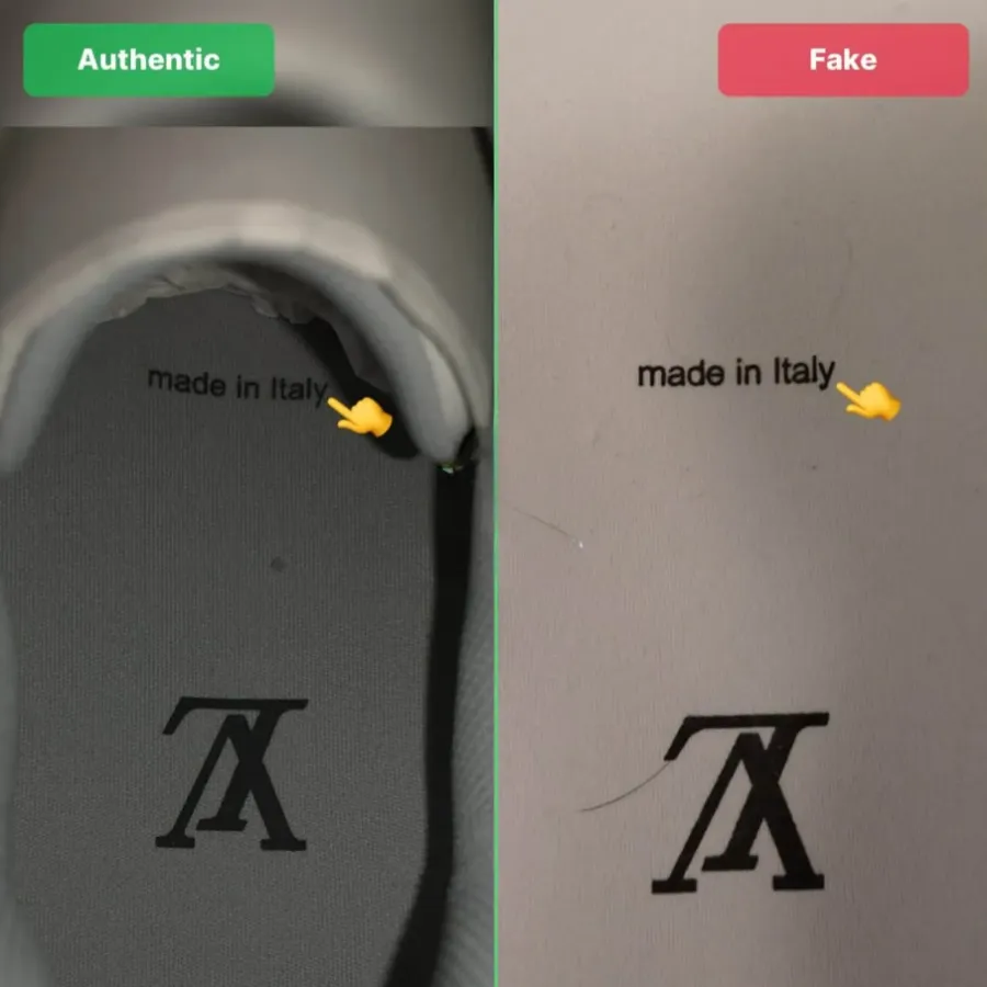 Lót giày mềm, chữ Made in Italy rõ ràng – dấu hiệu không thể bỏ qua khi phân biệt LV Trainer thật giả.
