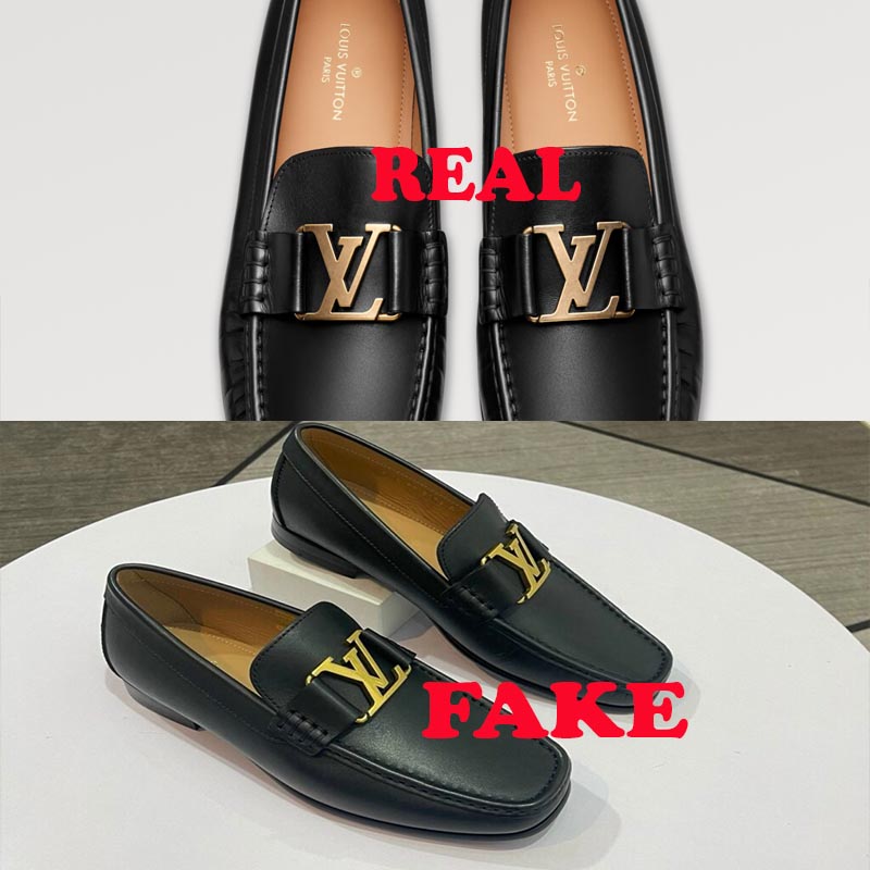 Logo kim loại trên giày Louis Vuitton thật mịn, cân xứng, tạo cảm giác chắc nặng, khác hẳn hàng fake.