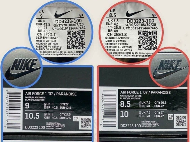 Tem nhãn Nike Air Force 1 với mã SKU chuẩn và logo sắc nét